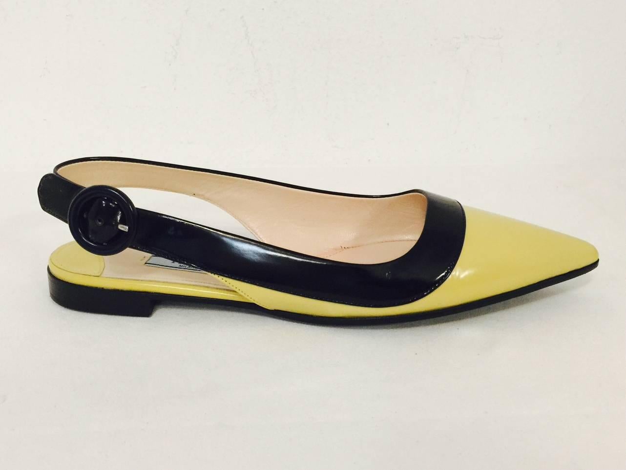 Prada Black and Lemon Color Blocked Patent Low Heel Pointed Toe Sling Backs In Excellent Condition In Palm Beach, FL