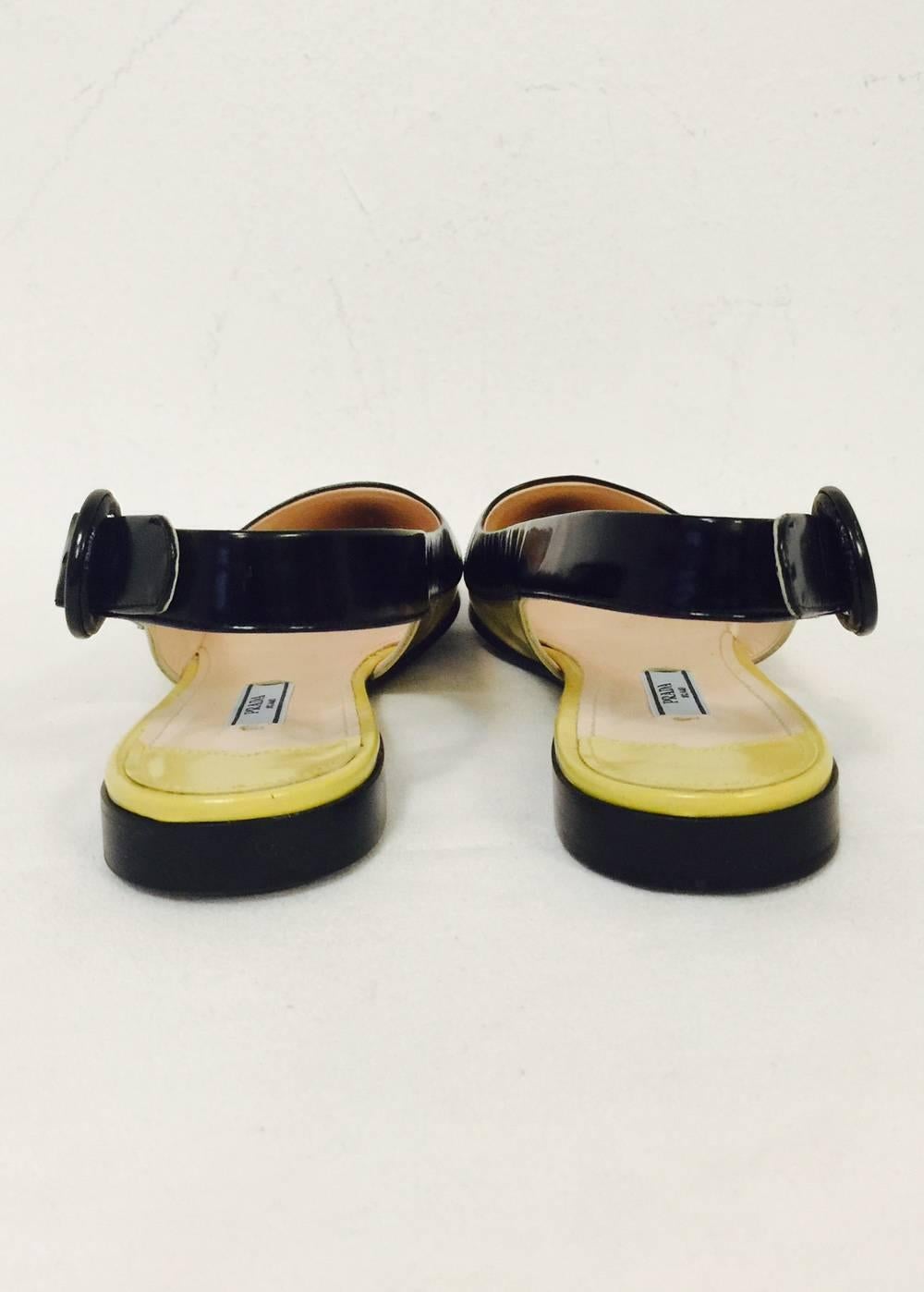 Beige Prada Black and Lemon Color Blocked Patent Low Heel Pointed Toe Sling Backs