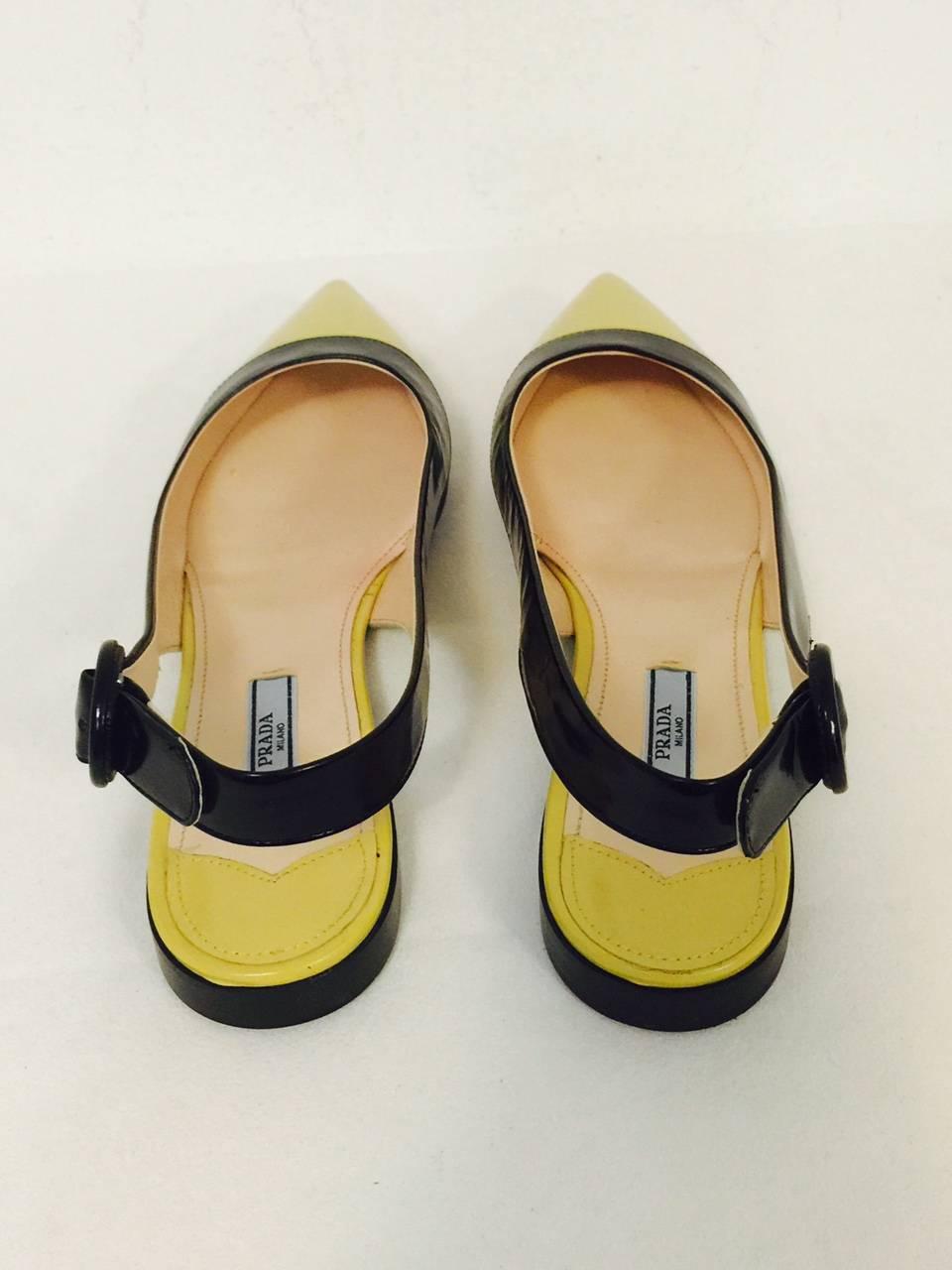Women's Prada Black and Lemon Color Blocked Patent Low Heel Pointed Toe Sling Backs