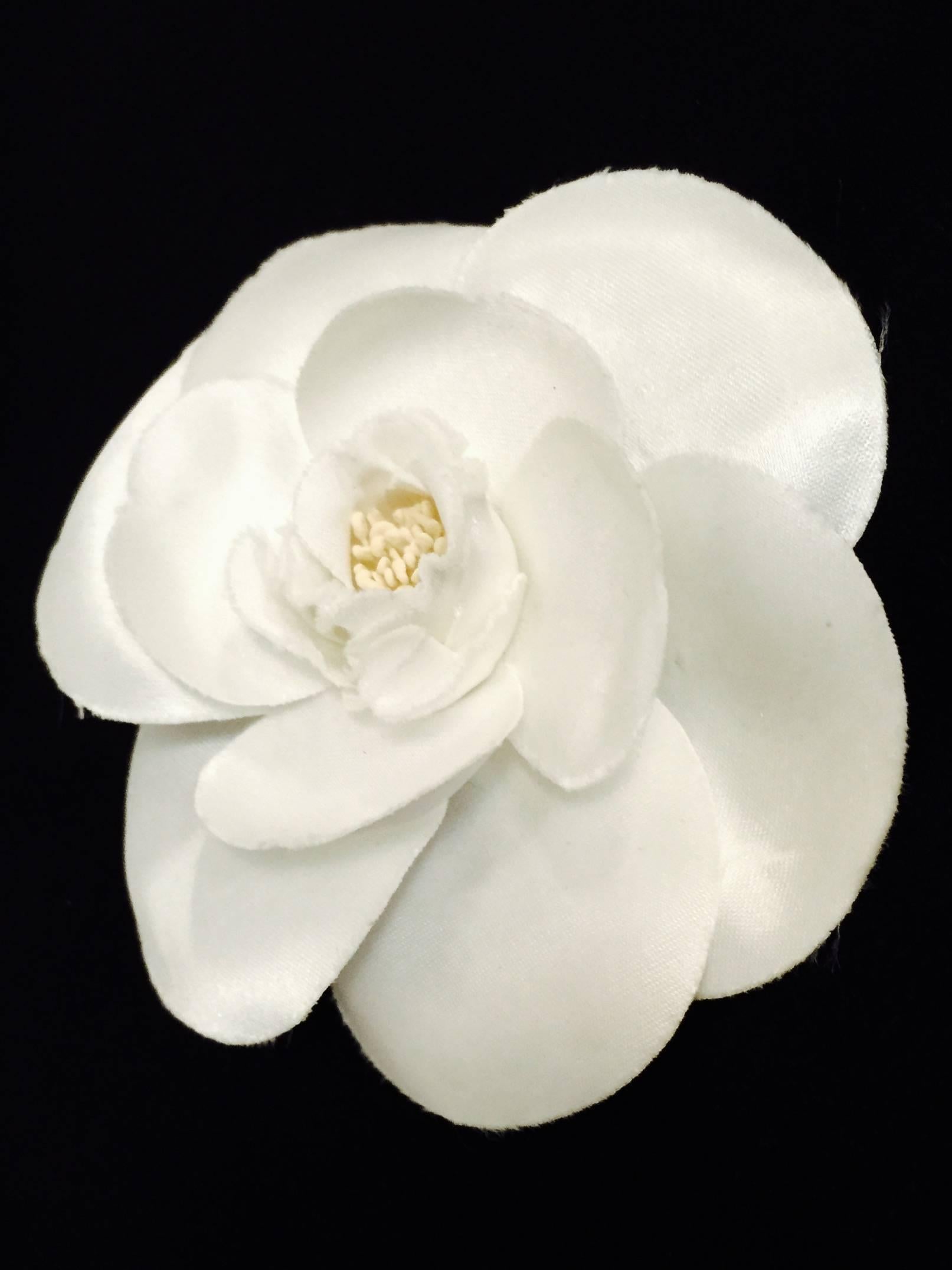 Classic Chanel Ivory Satin Camellia Brooch In Excellent Condition In Palm Beach, FL