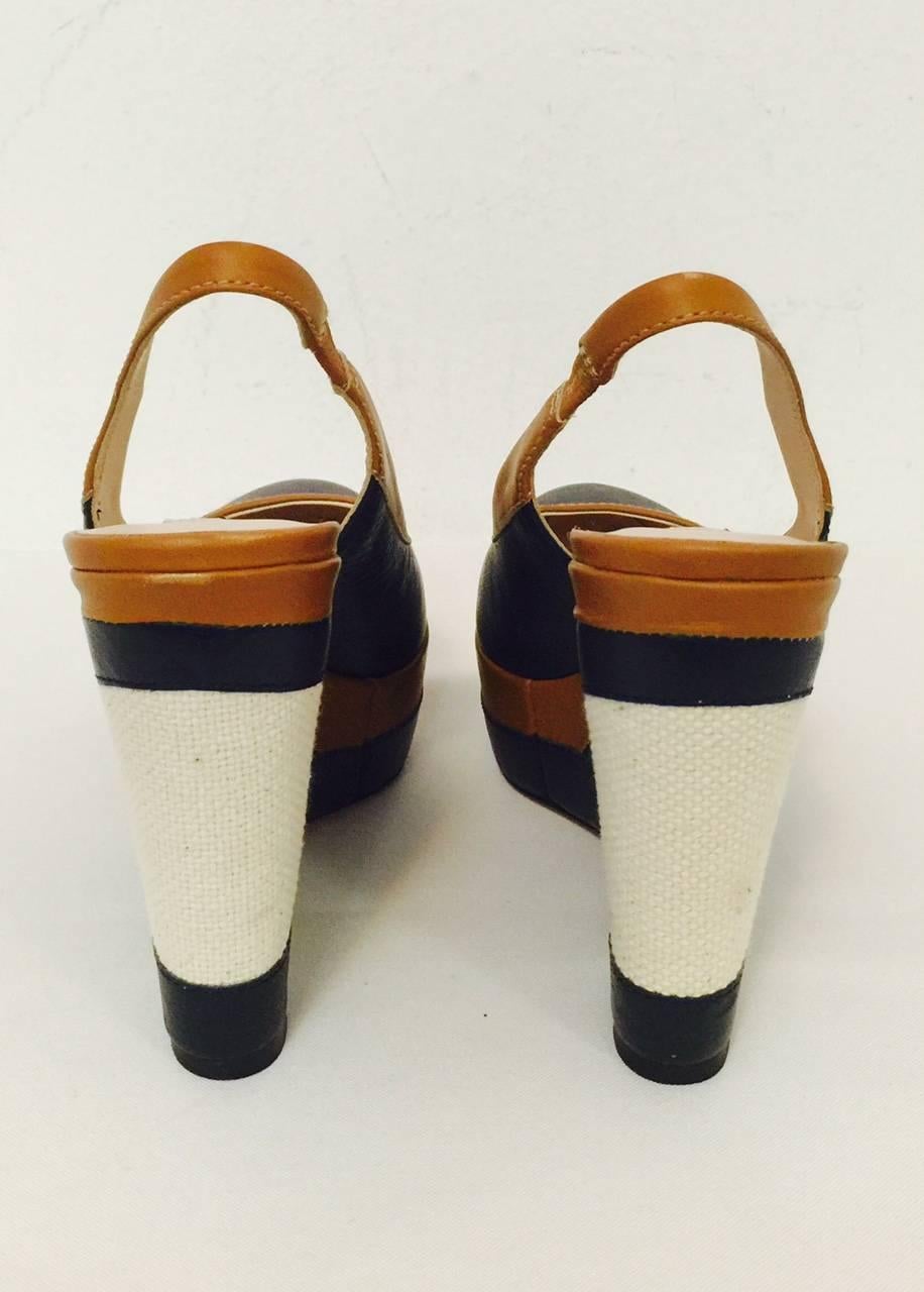 Black Elegant Escada Navy and Toffee Leather Wedge Slingbacks With Burlap Detail 