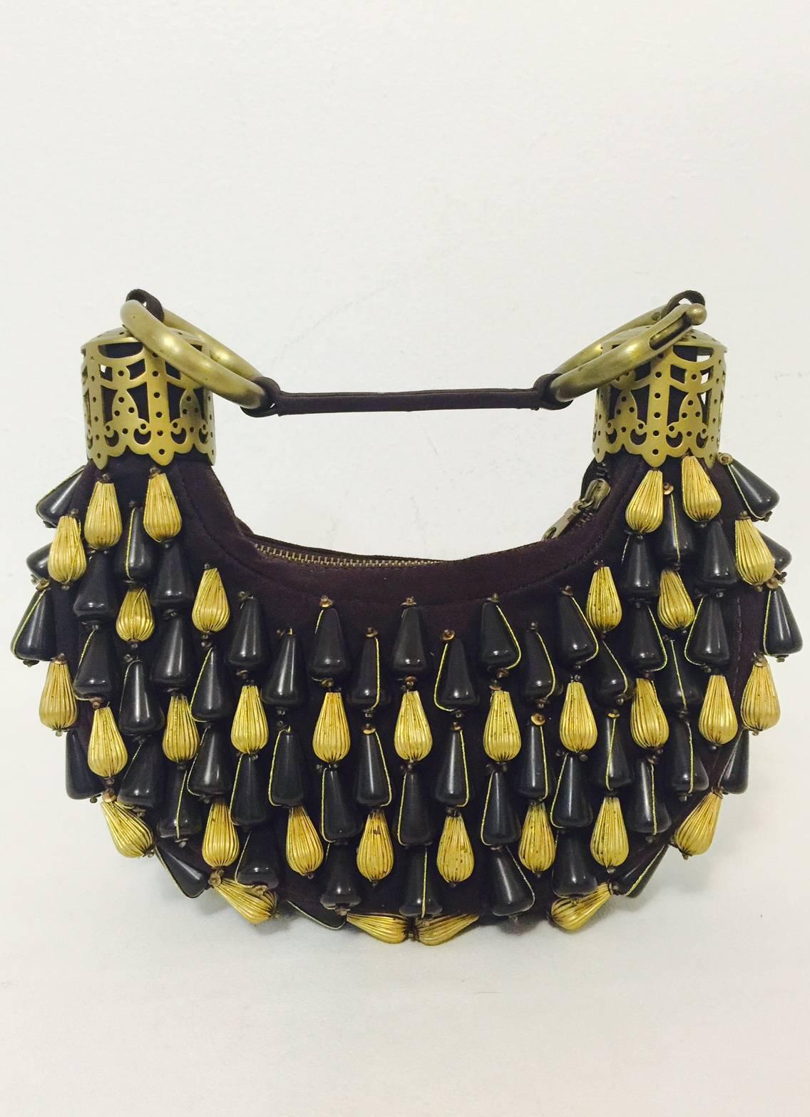 Black Chloe Handcrafted Chocolate Canvas Beaded Bracelet Bag With Gold Tone Hardware