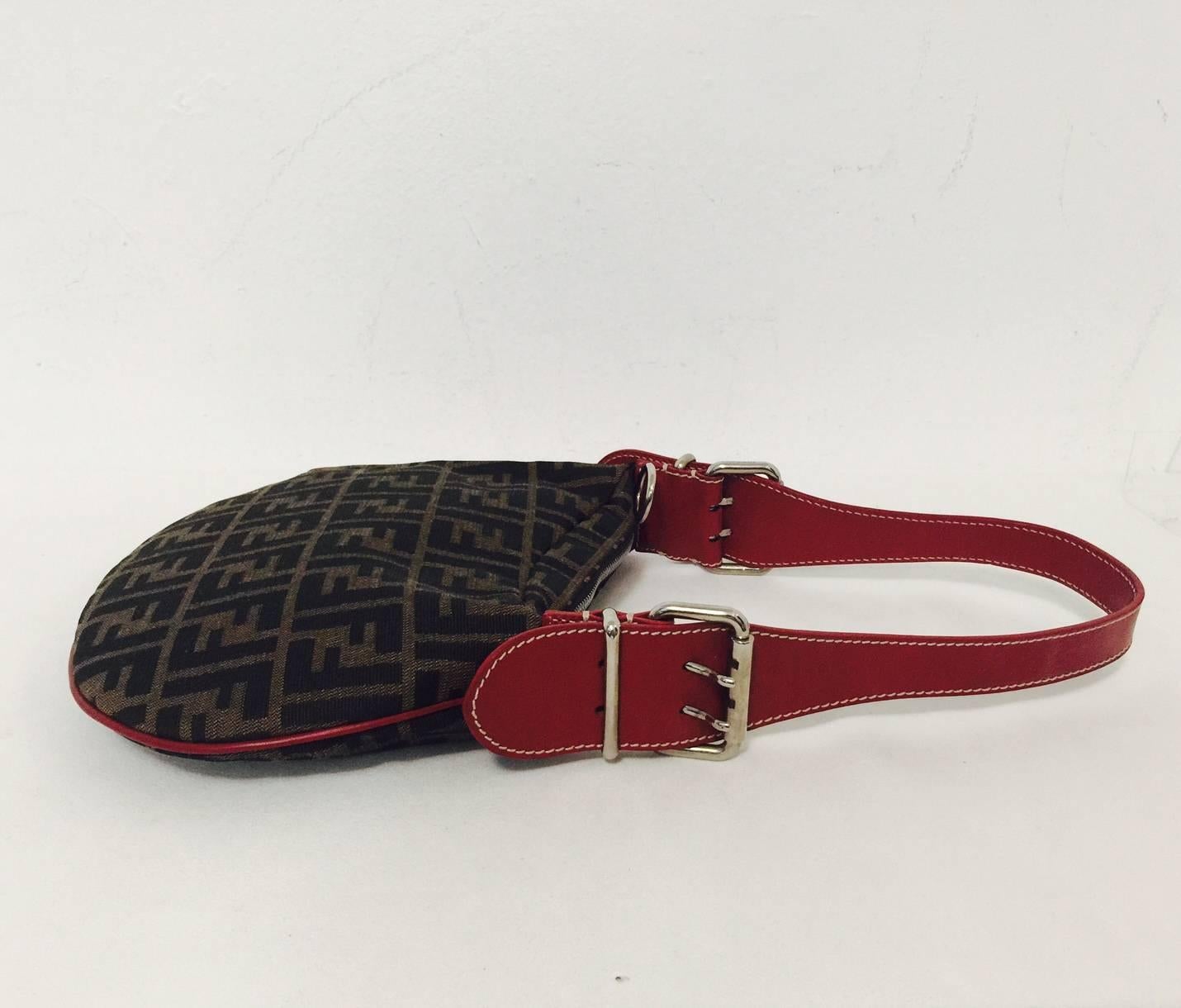 Fendi Brown & Tan Zucca Canvas Oyster Hobo W. Red Leather Shoulder Strap In Excellent Condition In Palm Beach, FL