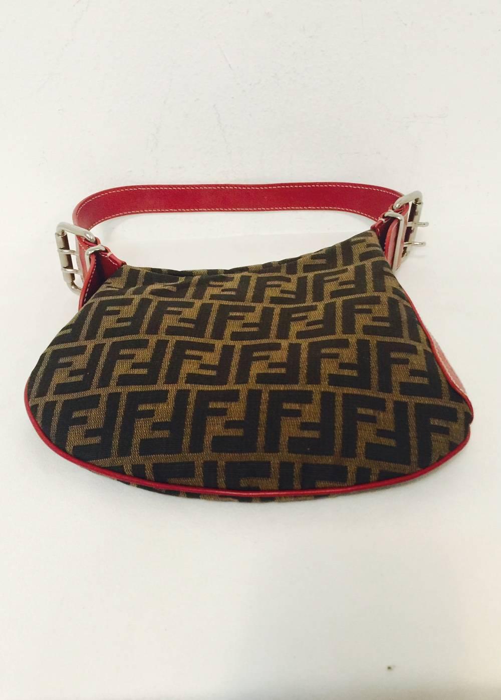 Fendi Brown & Tan Zucca Canvas Oyster Hobo W. Red Leather Shoulder Strap 1