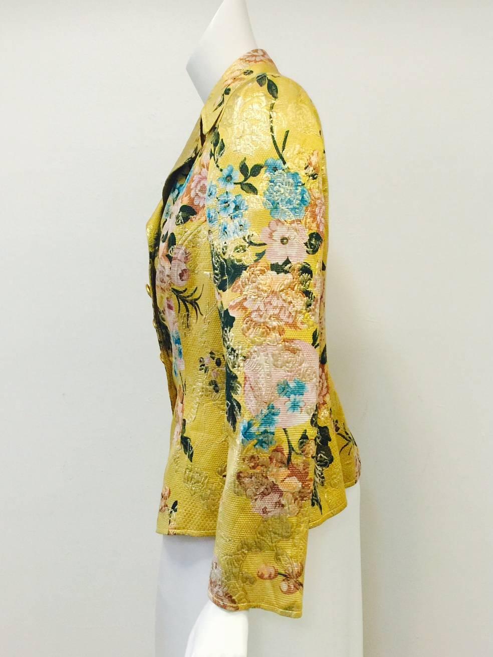 Christian Lacroix Gold Brocade Floral Print Fitted Jacket With Crystal Buttons  In Excellent Condition In Palm Beach, FL