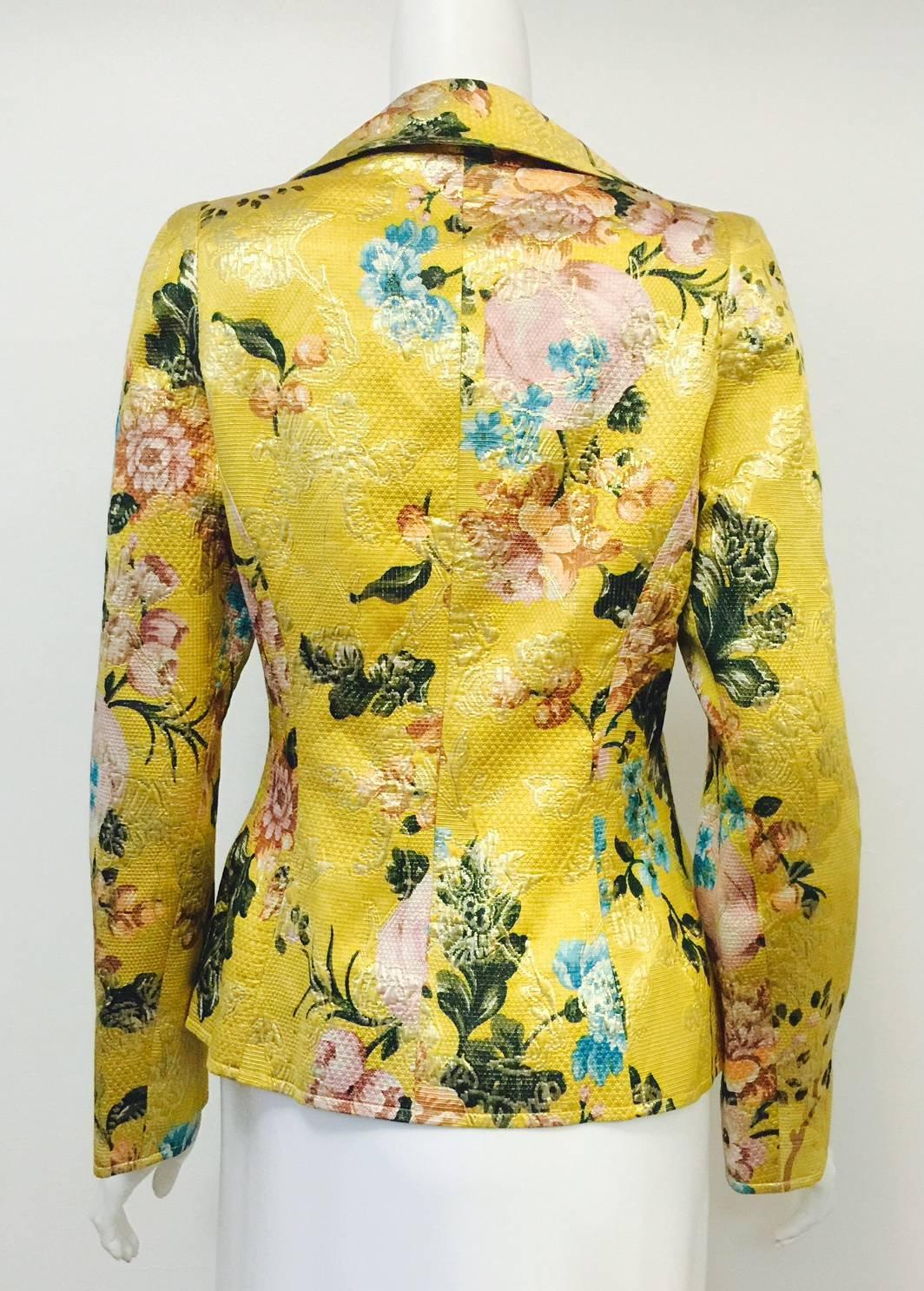 Women's Christian Lacroix Gold Brocade Floral Print Fitted Jacket With Crystal Buttons 