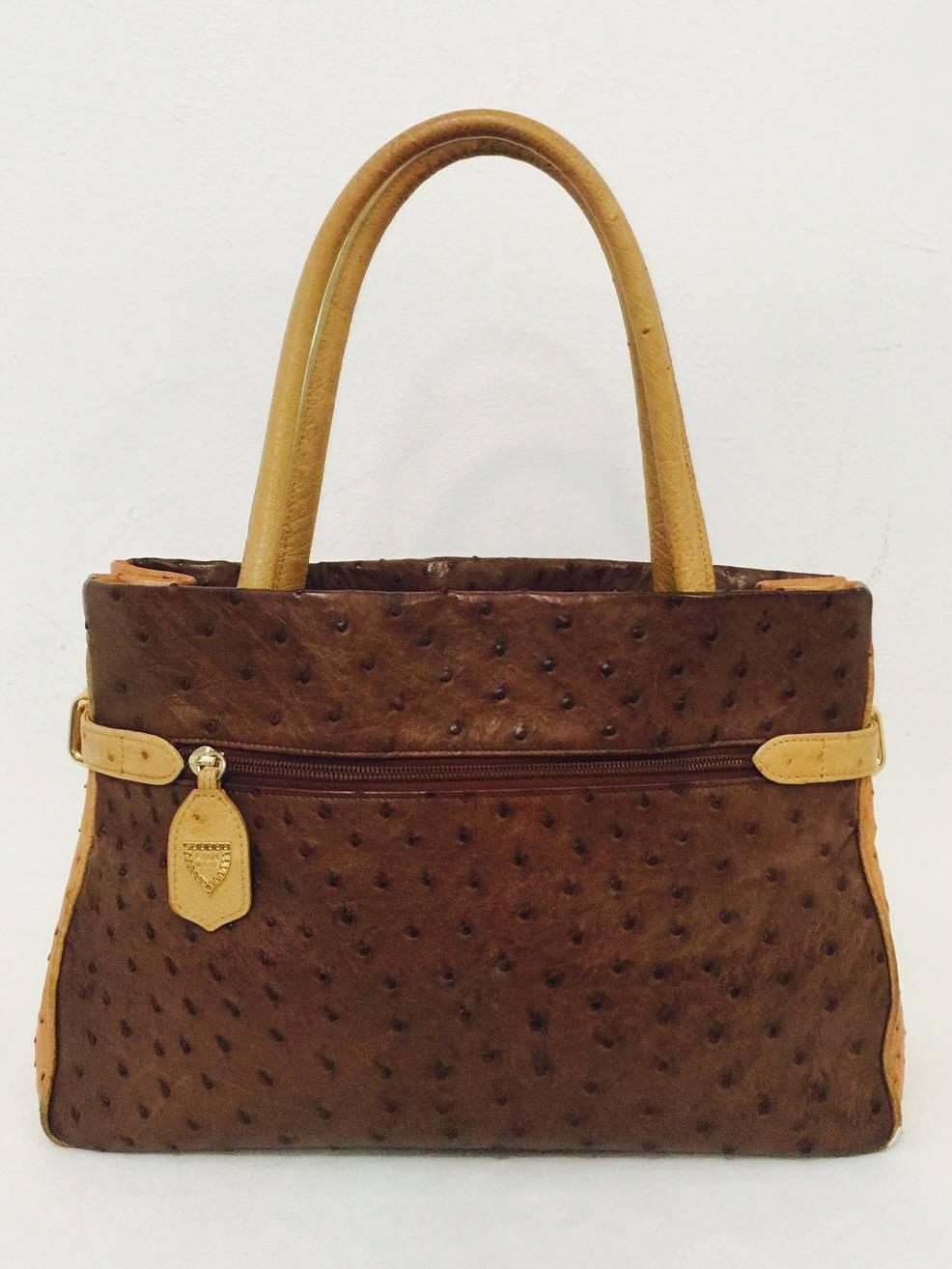 Brown Lana of London Color Blocked Ostrich Satchel With Gold Tone Hardware 
