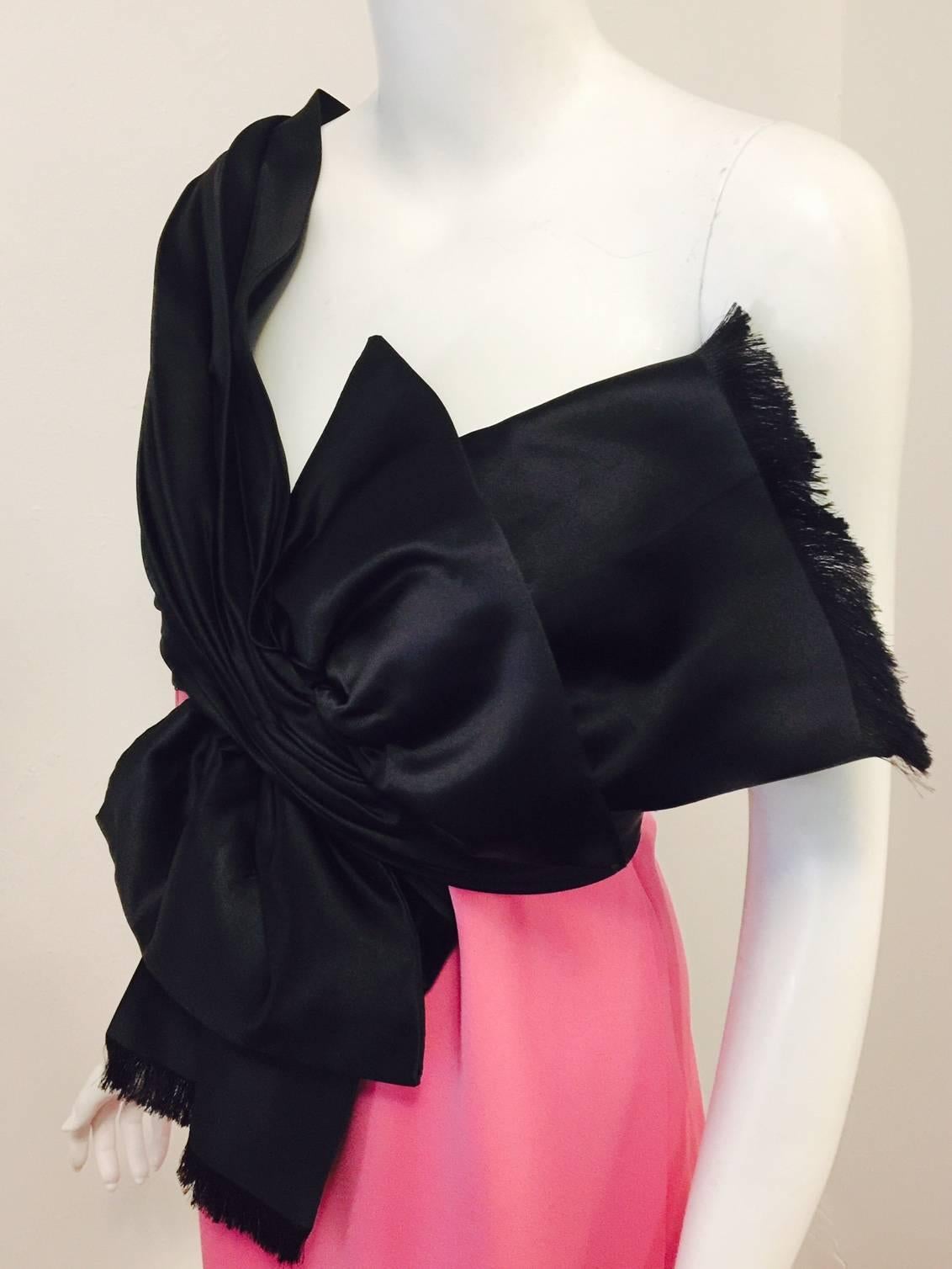 Christian Dior Boutique Black & Pink Silk One Shoulder Cocktail Dress With Bow For Sale 1