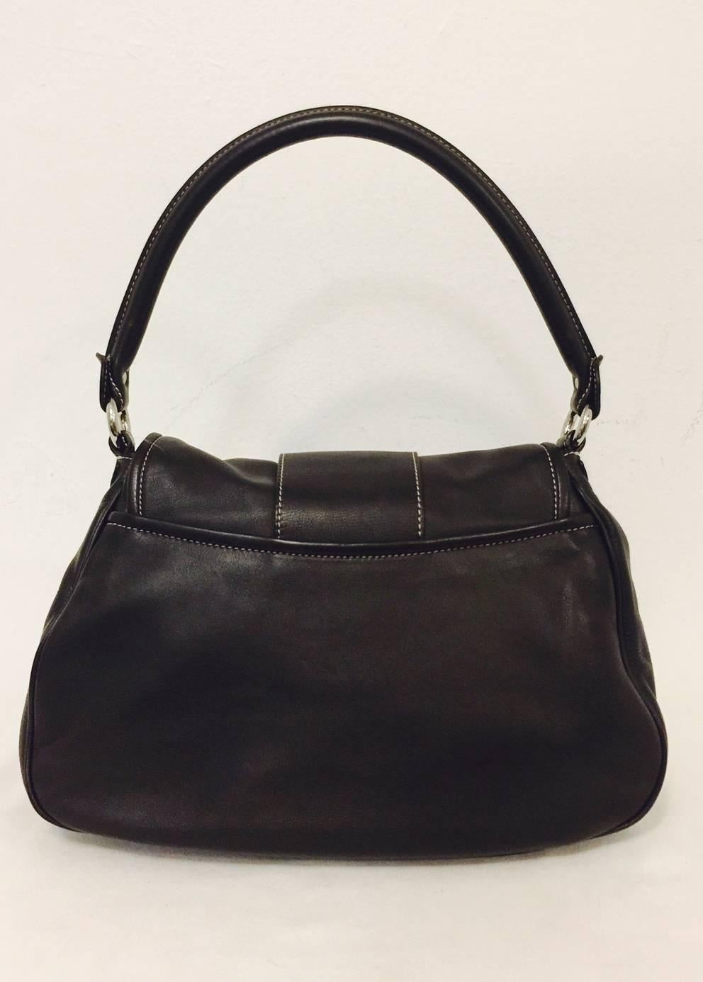 Black Christian Dior Chocolate Leather Flap Shoulder Bag With Silver Tone Hardware  For Sale
