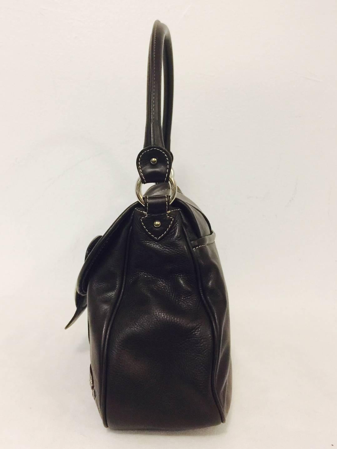 Christian Dior Chocolate Leather Flap Shoulder Bag With Silver Tone Hardware  In Excellent Condition For Sale In Palm Beach, FL