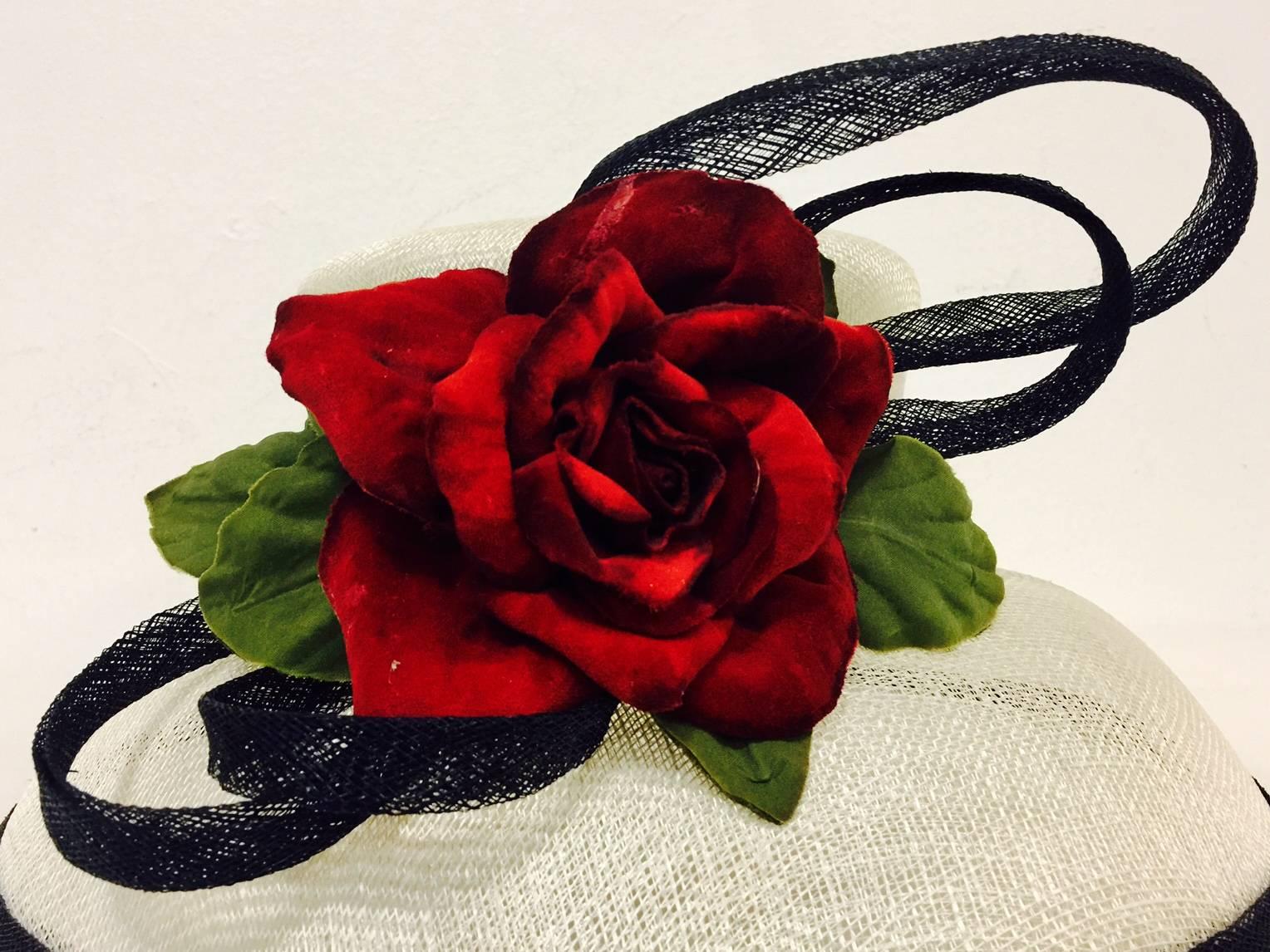 Herald & Heart Hatters Ivory and Back Parasisal Hat With Rapturous Red Rose  1