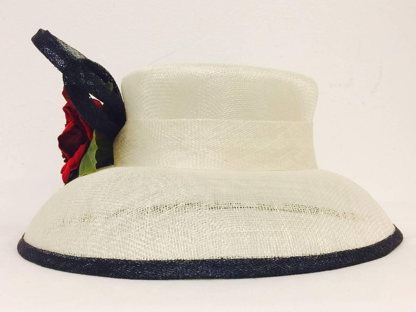 Herald & Heart Hatters Ivory and Back Parasisal Hat With Rapturous Red Rose  In Excellent Condition In Palm Beach, FL