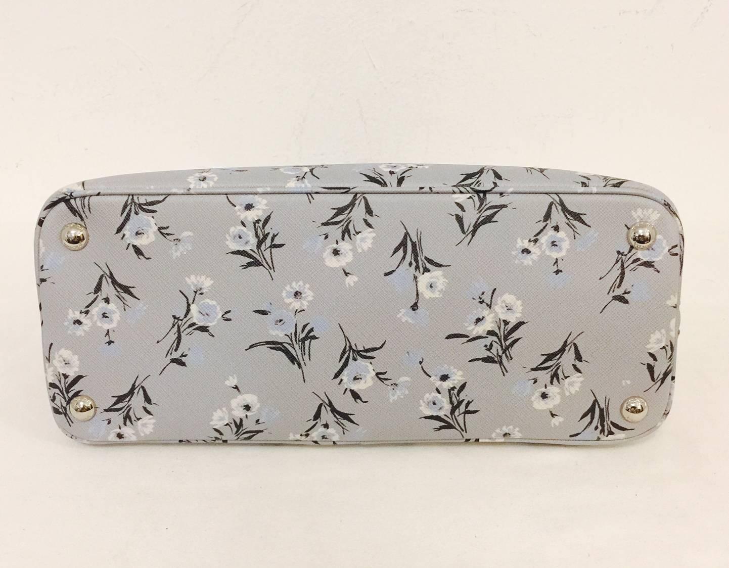 Gray Prada Floral Print Signature Saffiano Leather Satchel With Shoulder Strap