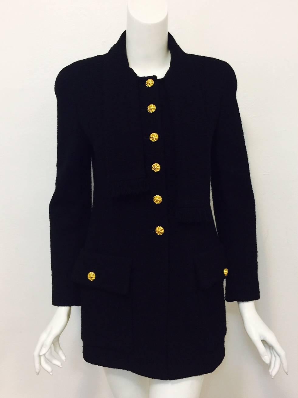 Chanel Fall 1992 Black Boucle Wool Jacket W Gold Tone Basket Weave Buttons In Excellent Condition In Palm Beach, FL