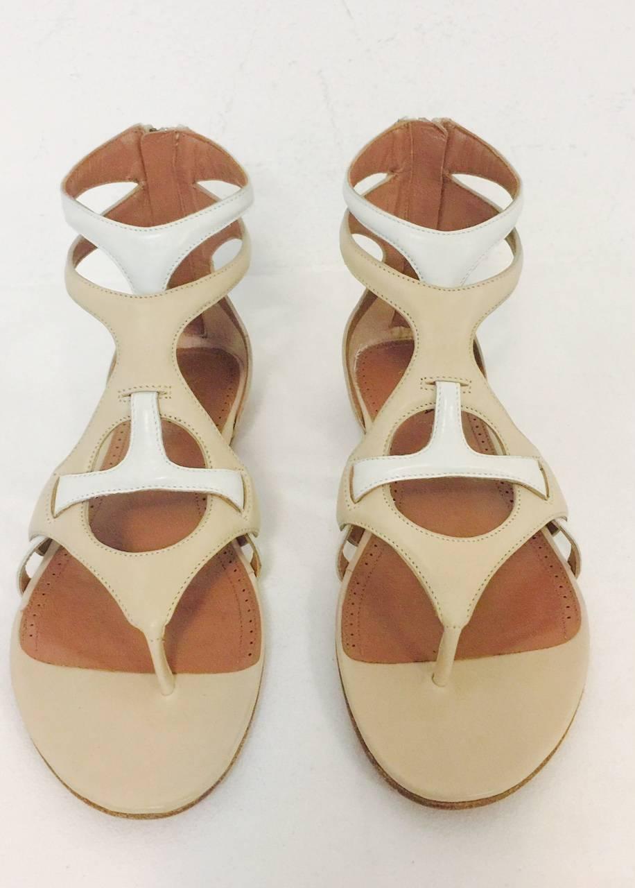 Beige Azzedine Alaia Color Bocked Thong Sandals W Sculpted Vamps & Ankle Straps For Sale