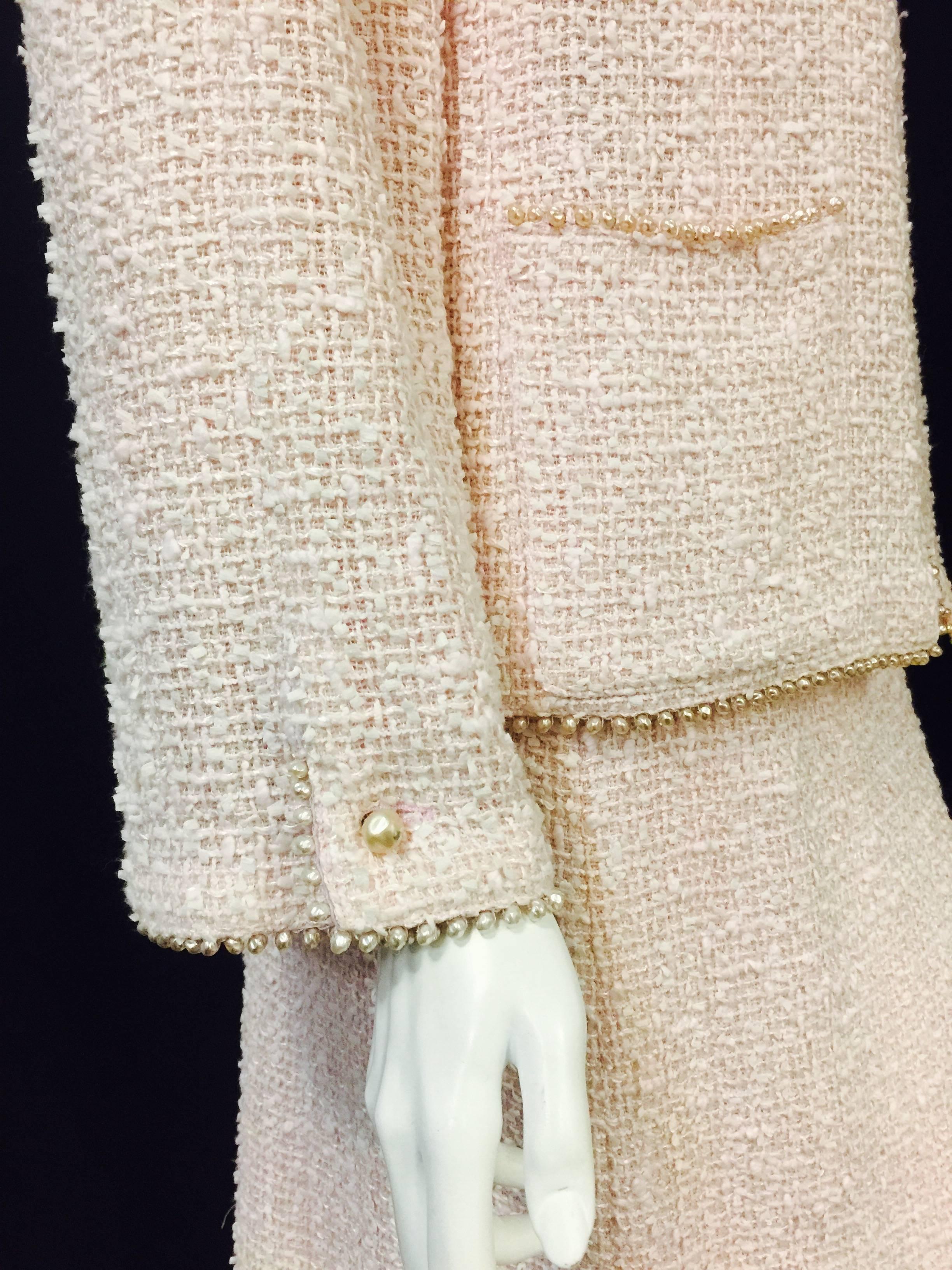 Beige Spring 1999 Chanel Blush Pink Boucle Tweed Skirt Suit/Freshwater Pearl Trim