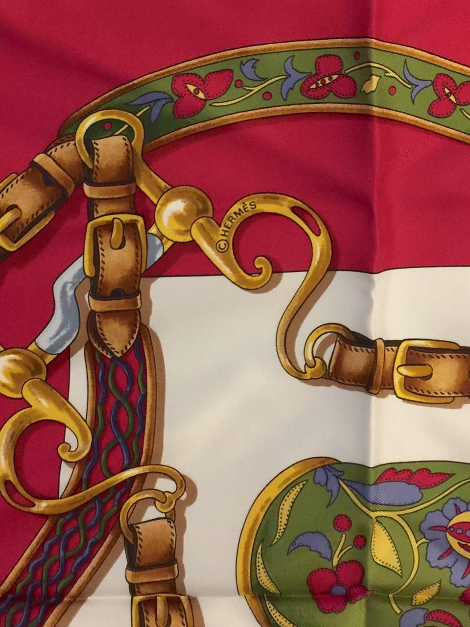 1992 Hermes Raspberry Festival Silk Twill Scarf by Henri d'Origny  In Excellent Condition In Palm Beach, FL