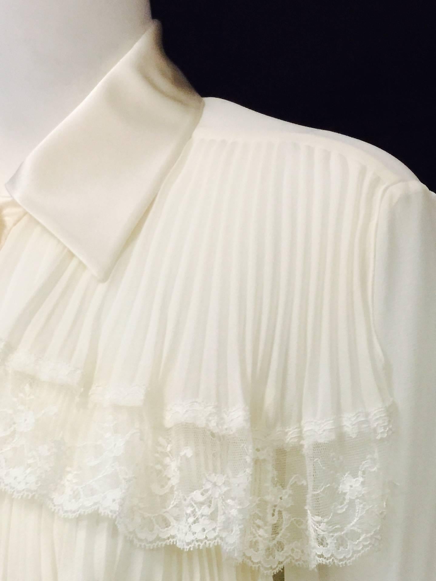 Women's Valentino Ivory Sheer Silk Poet Blouse With Satin Trim and Lace Detail