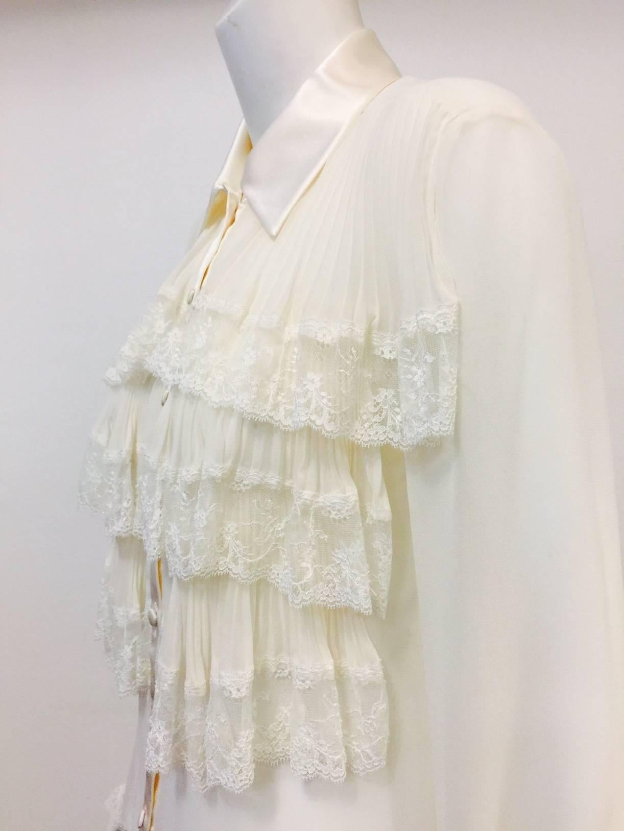 Valentino Ivory Sheer Silk Poet Blouse With Satin Trim and Lace Detail In Excellent Condition In Palm Beach, FL