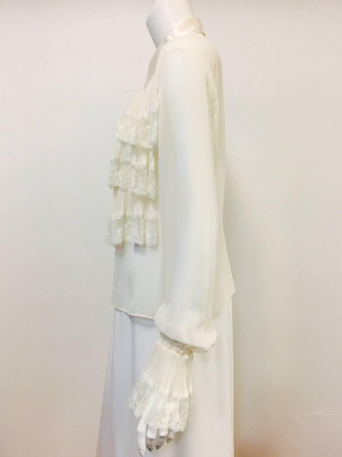 Beige Valentino Ivory Sheer Silk Poet Blouse With Satin Trim and Lace Detail