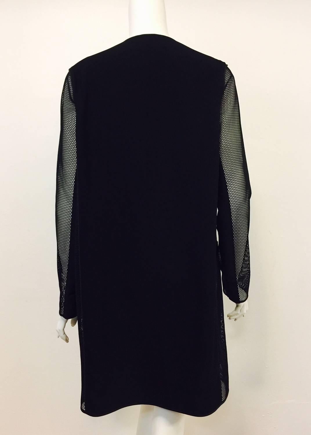 Black Elie Tahari Modern Knee-Length Coat With Abstract Print Front and Net Panels