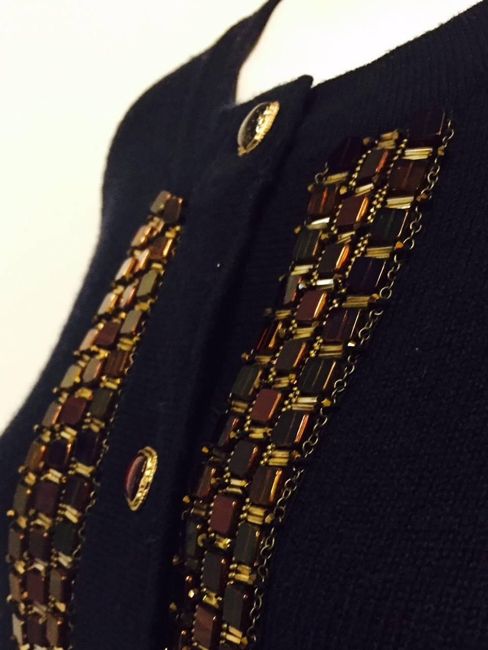 Chanel Navy Cashmere Cardigan W. Multi Color Gripoix Buttons & Chiclet Trim  In Excellent Condition For Sale In Palm Beach, FL