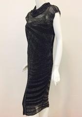 New Escada Black and Gold Metallic Knit Cap Sleeve Dress With Cowl Neck