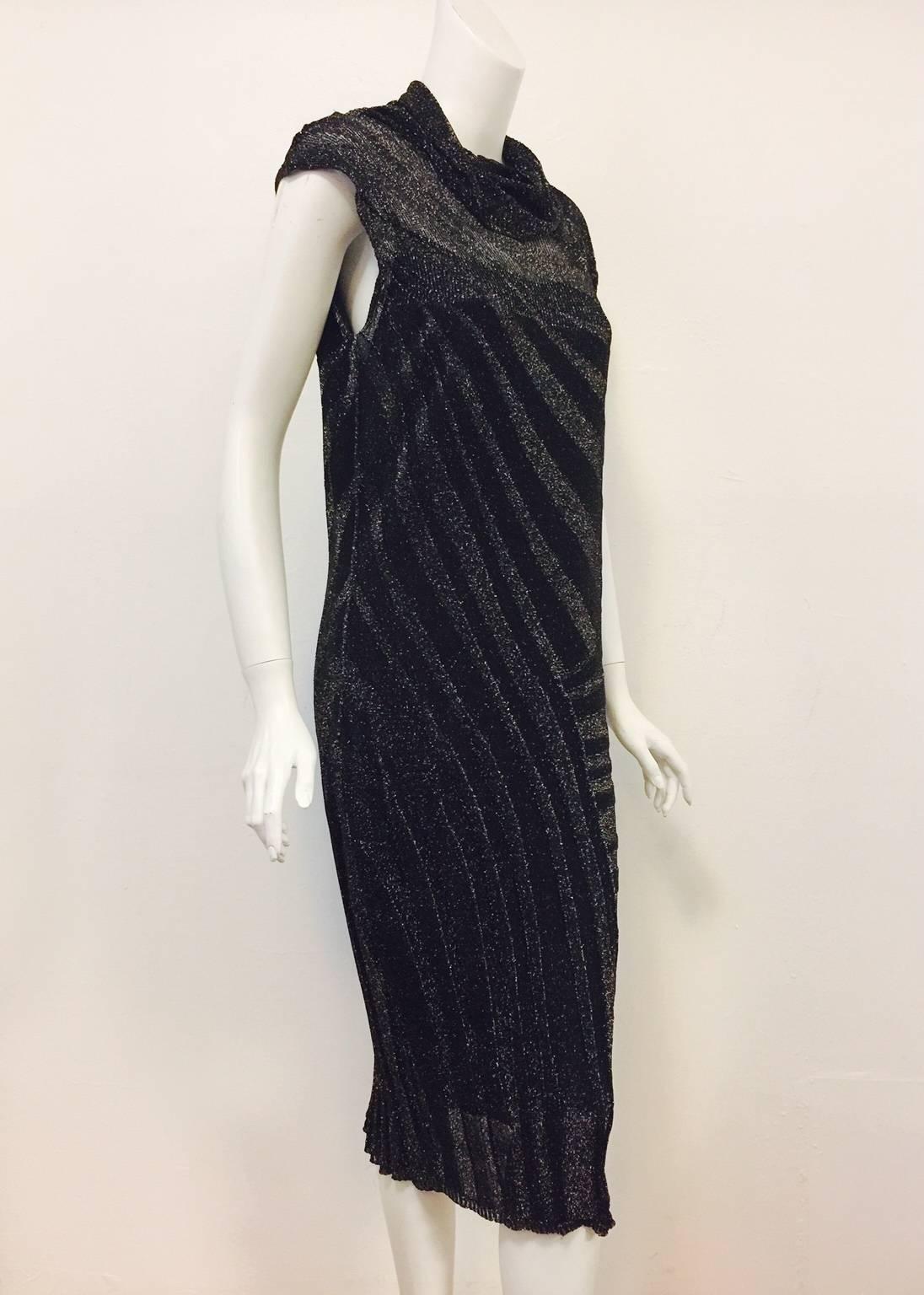 Women's New Escada Black and Gold Metallic Knit Cap Sleeve Dress With Cowl Neck