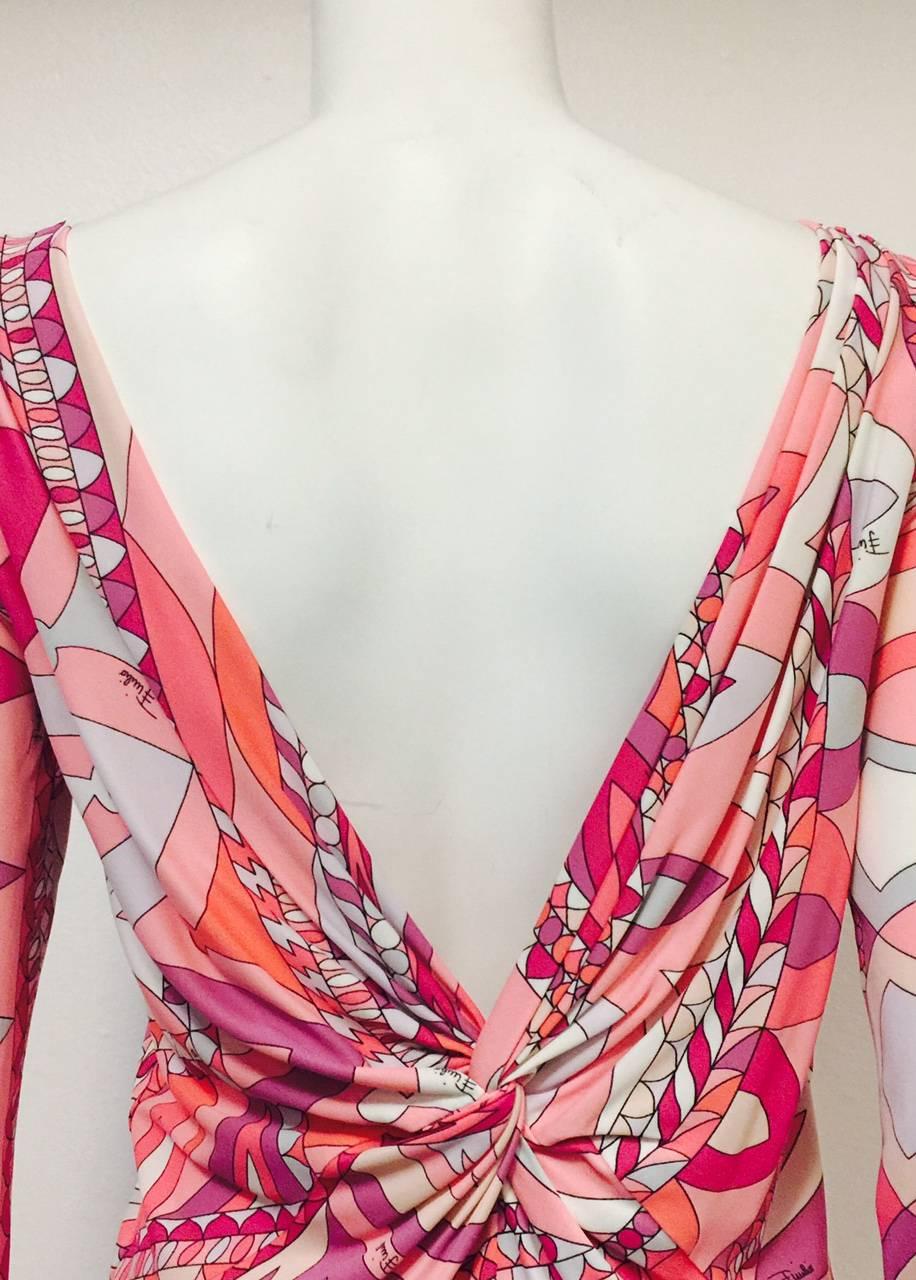 Pink NWT Emilio Pucci Print Long Sleeve Dress With Deep V Back