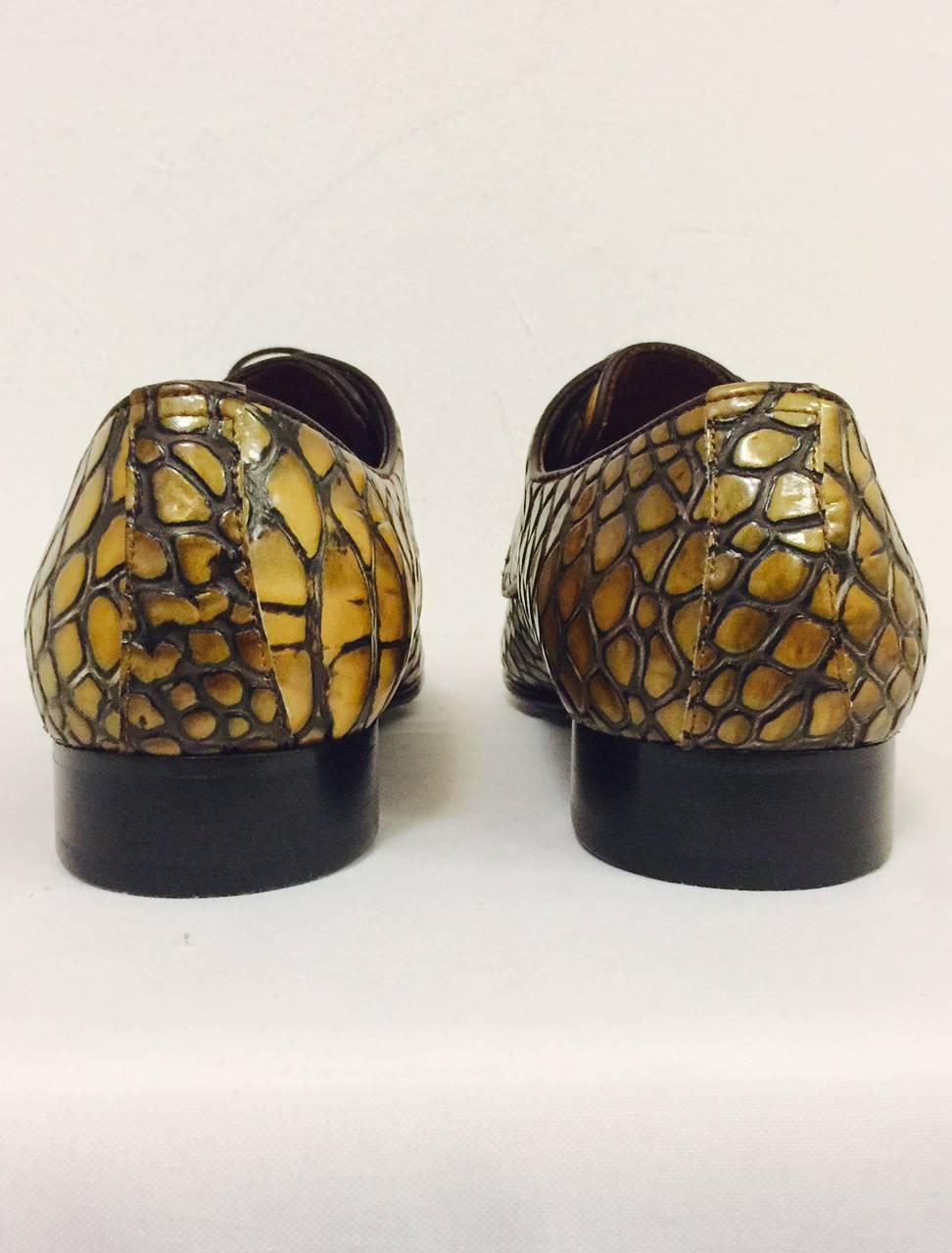 New Roberto Cavalli Men's Old Gold Crocodile Embossed Leather Shoes 2