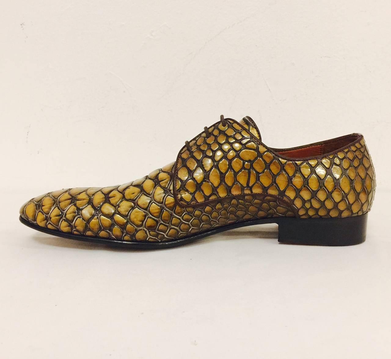 New Roberto Cavalli Men's Old Gold Crocodile Embossed Leather Shoes 1