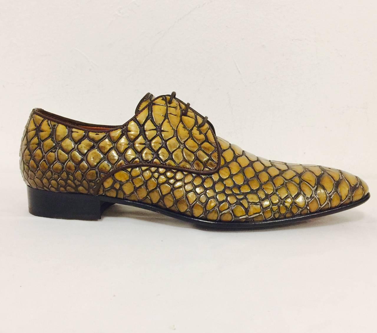 Roberto Cavalli has never shied away from bold, brazen designs for women and men!  Not known for subtle style, Roberto Cavalli crafted crocodile embossed leather shoes in unforgettable Old Gold.  Leather soles, insoles and lining finish the look. 