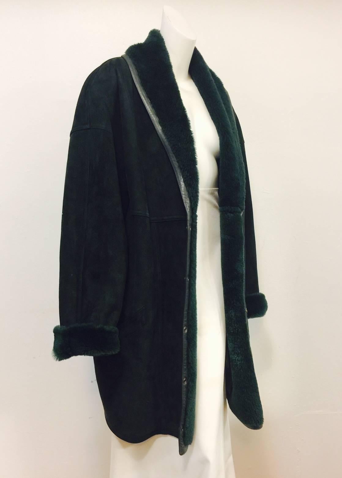 Black Gianni Versace Deep Forest Green Shearling Coat With Shawl Collar  For Sale