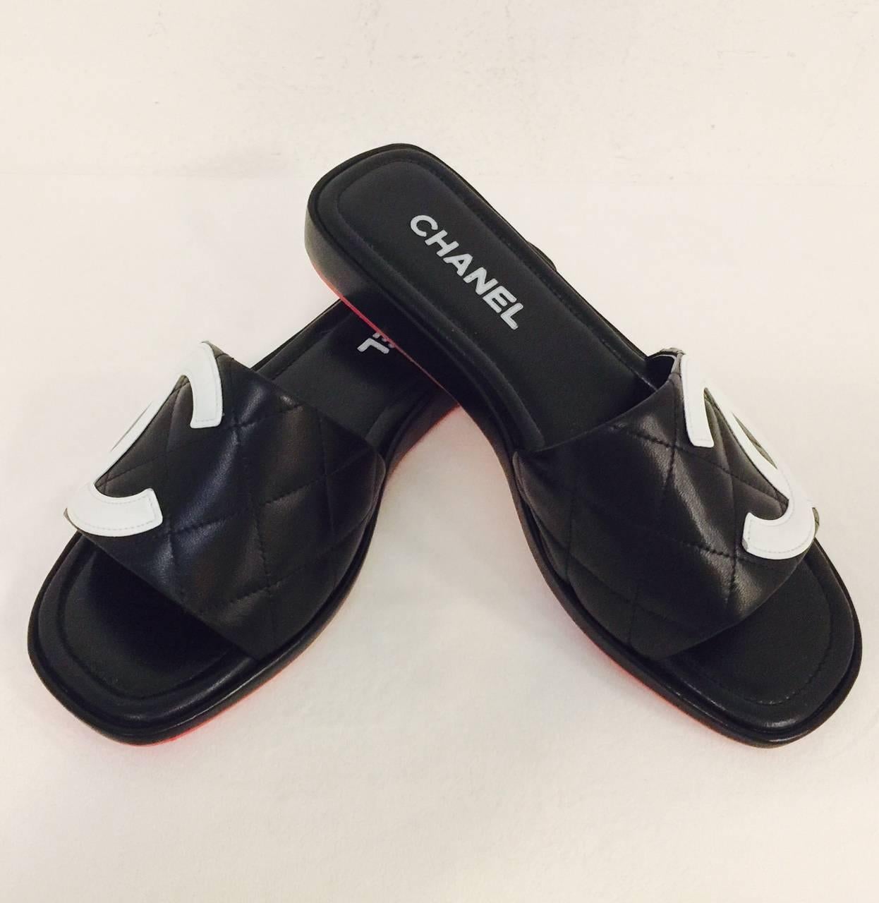 Chanel Ligne Cambon Black Quilted Lambskin Slides Above Excellent With ...