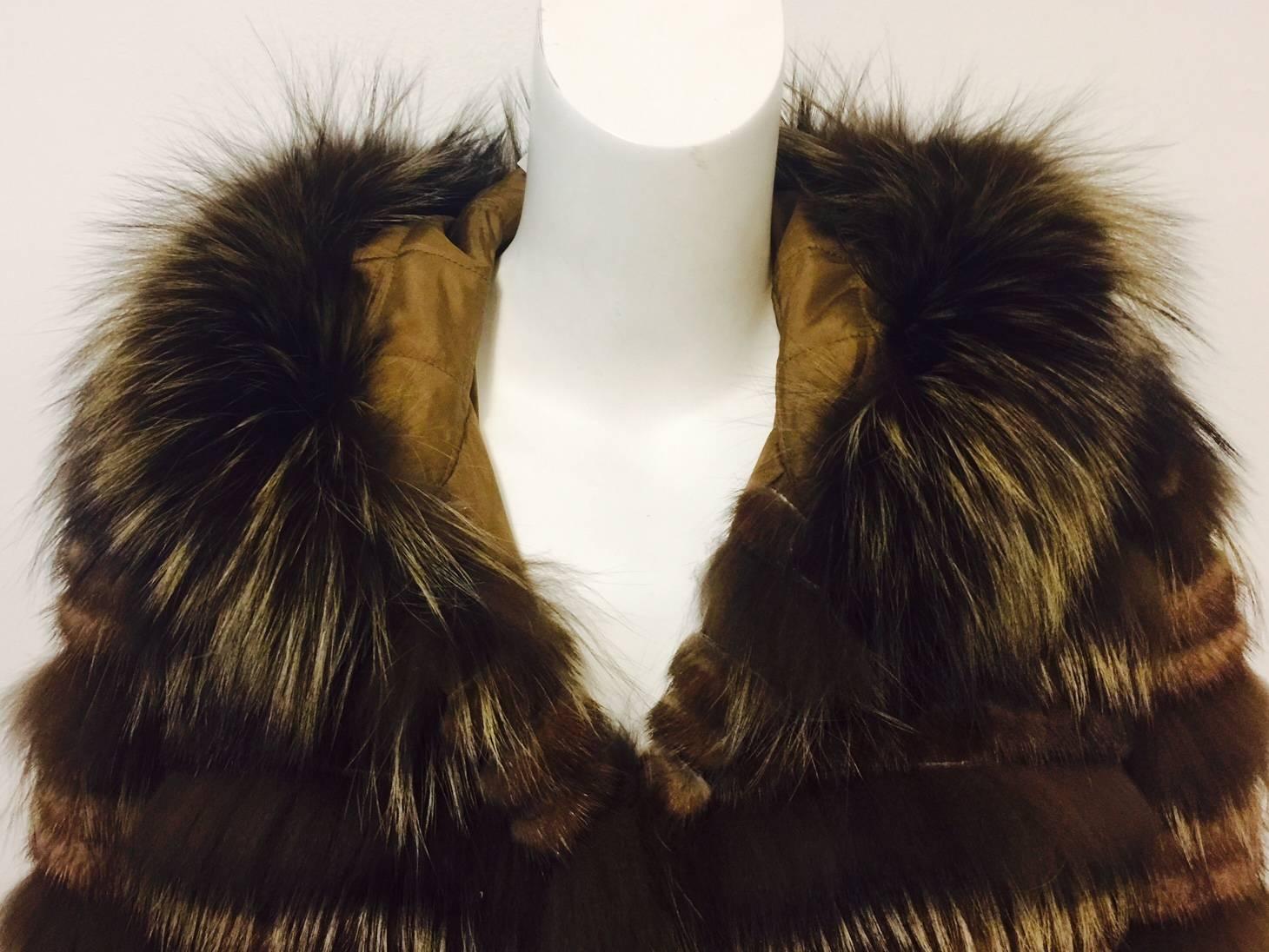 Carmen Marc Valvo Mink & Feathered Fox Corduroy Coat W Fox Trimmed Hood 1