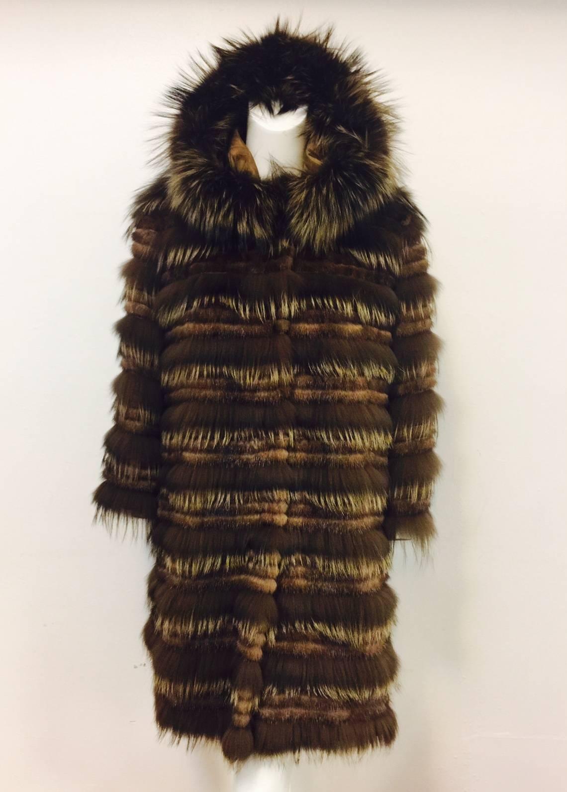 Women's Carmen Marc Valvo Mink & Feathered Fox Corduroy Coat W Fox Trimmed Hood