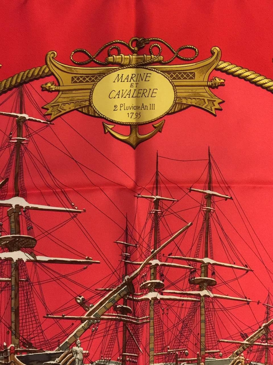 First issued in 1968, Hermes Red Marine et Cavalerie Silk Twill Scarf has become a highly desired print by much beloved and renowned artist Philippe Ledoux.  This is an earlier version...