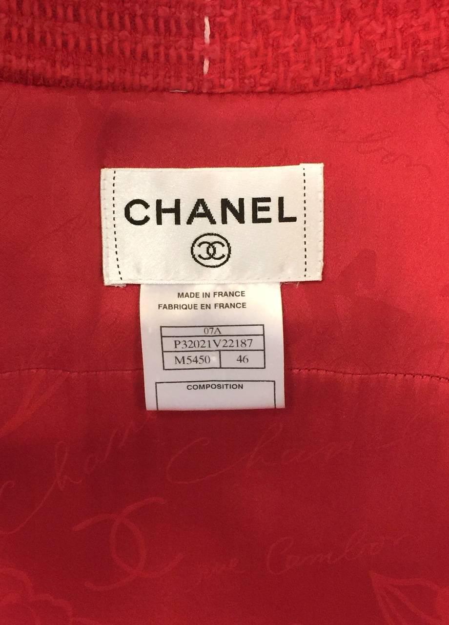Chanel Strawberry Red Wool Tweed Short Sleeve Shirt Dress With Pockets  In Excellent Condition In Palm Beach, FL