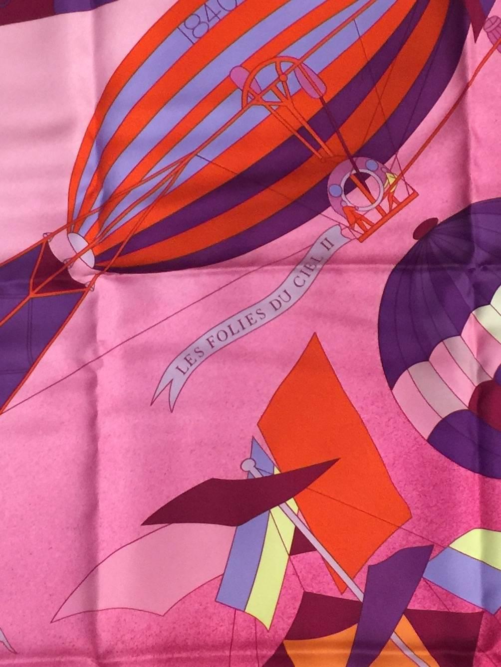 Pink Hermes Fuchsia Les Folies du Ciel II Silk Twill Carre by Loic Dubigeon
