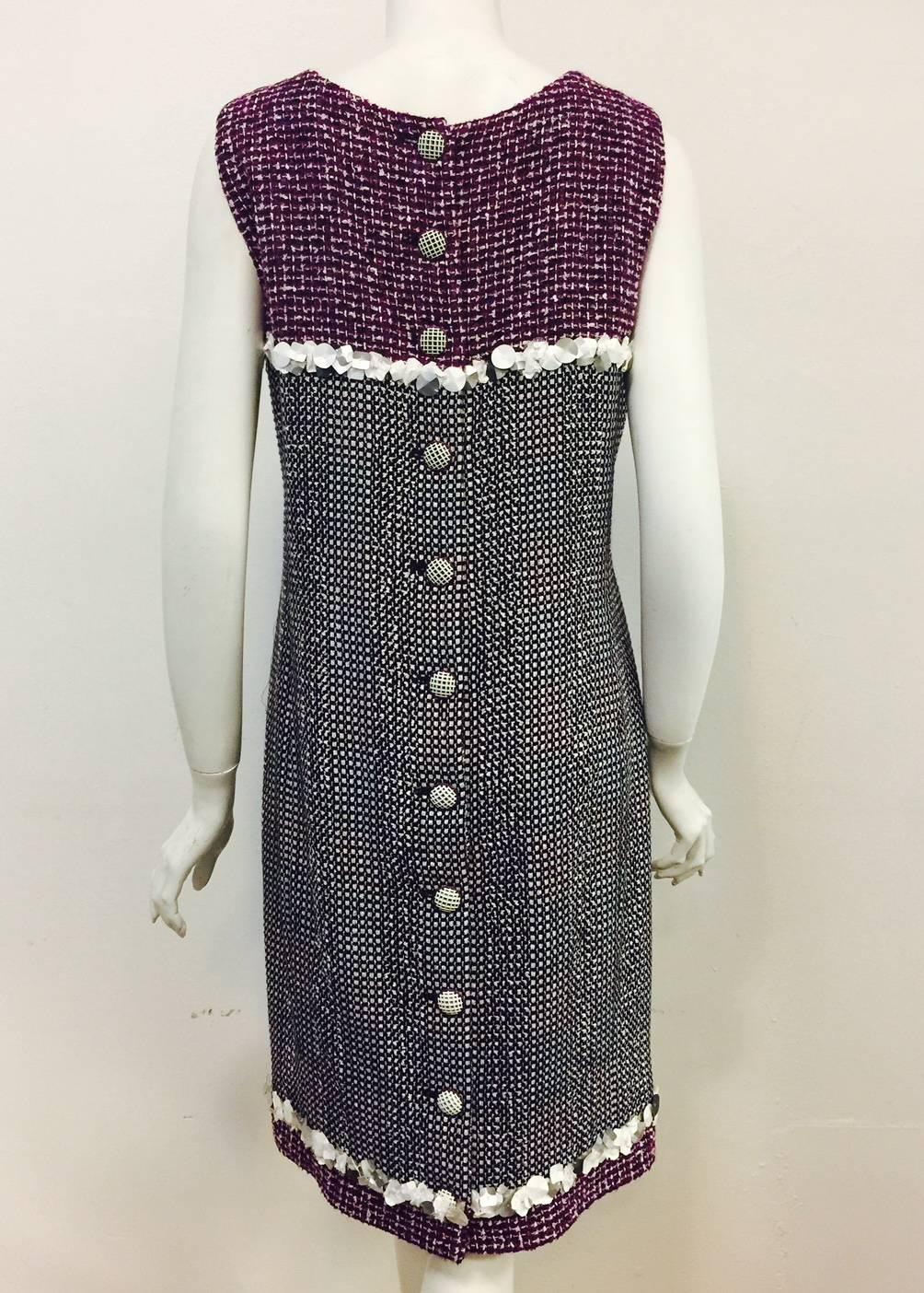 Black Chanel Purple Tweed Sleeveless Dress and Matching Coat With 3-D Trim Size 46