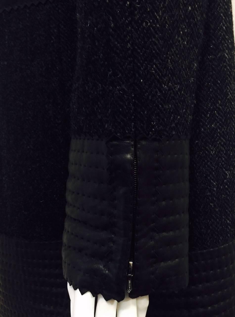 Chanel Black & Grey Herringbone Tweed Coat W. Quilted Leather Trim Size 50 1