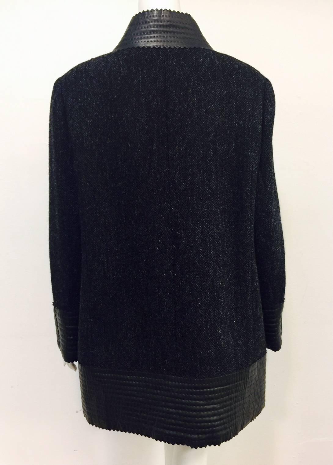 Chanel Black & Grey Herringbone Tweed Coat W. Quilted Leather Trim Size 50 In Excellent Condition In Palm Beach, FL