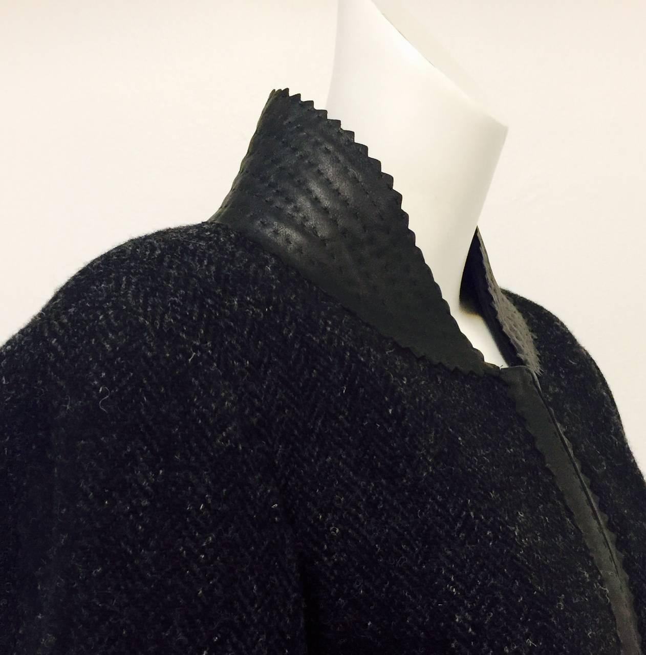Chanel Black & Grey Herringbone Tweed Coat W. Quilted Leather Trim Size 50 2