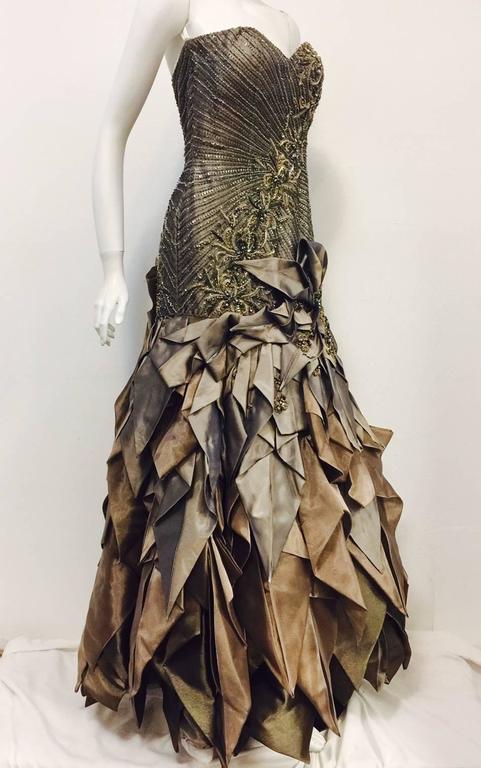 Stephen Yearick Beaded Strapless Evening Gown With Iridescent Folded ...