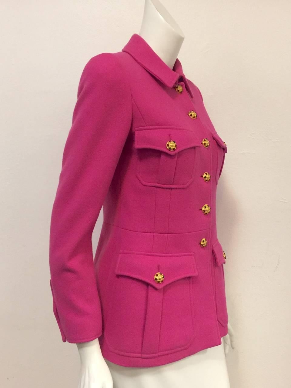 Chanel Boutique 1996 Fall Fuchsia Wool Military Jacket With Gripoix Buttons  In Excellent Condition For Sale In Palm Beach, FL