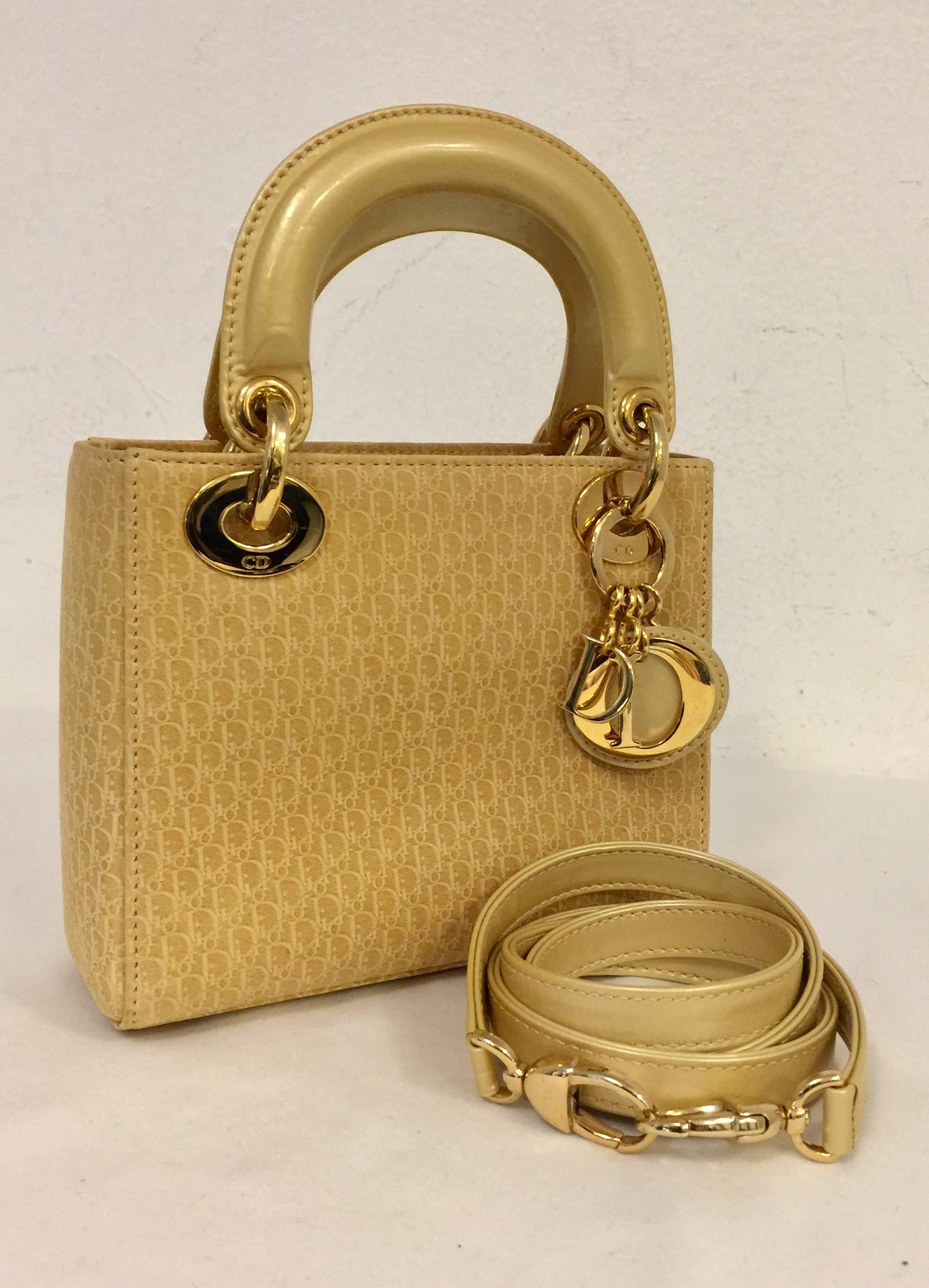 Christian Dior Gold Suede Mini Lady Dior Bag With Optional Shoulder Strap In Excellent Condition In Palm Beach, FL