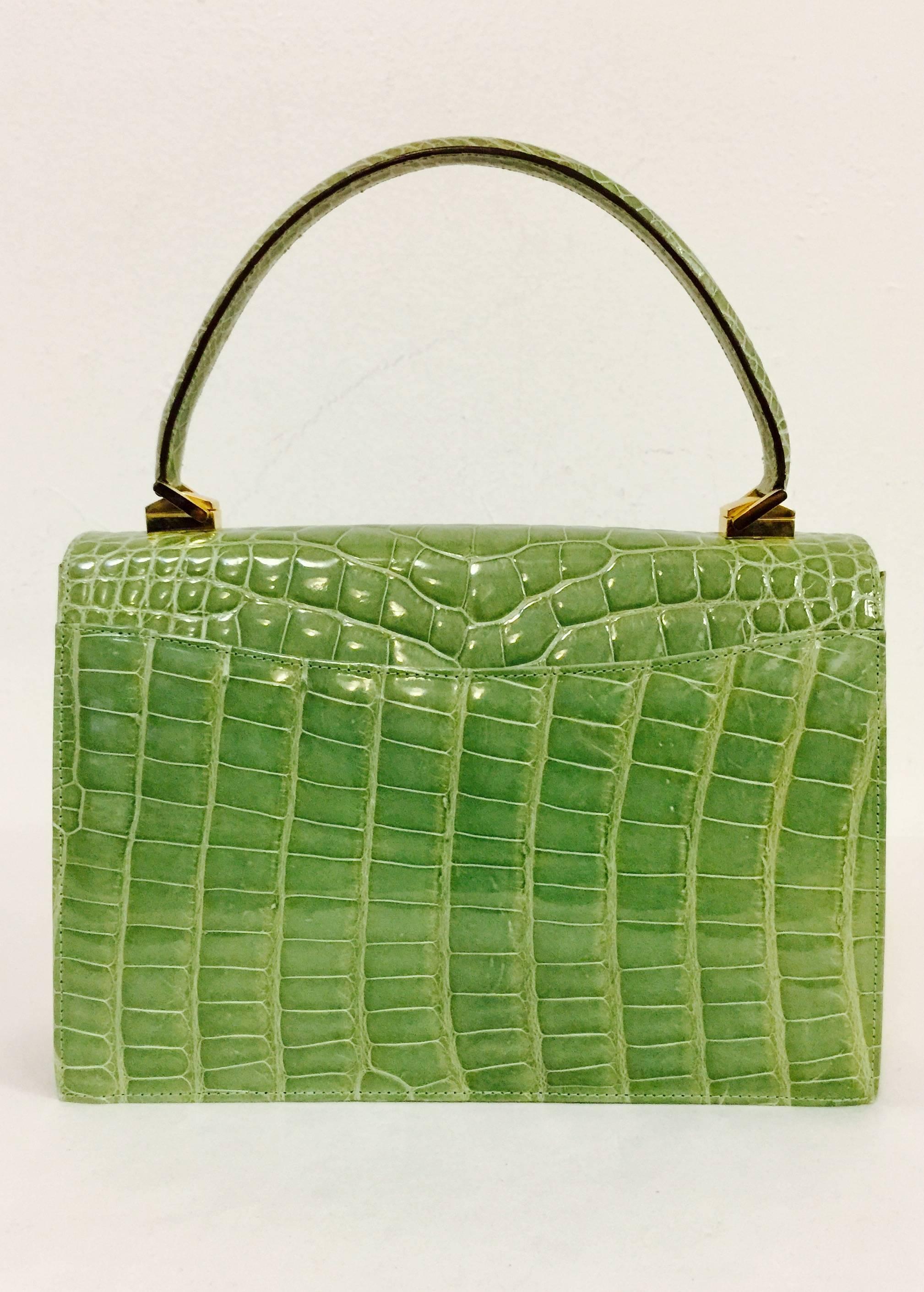 Giorgio's Palm Beach Spring Green Alligator Structured Flap Hand Bag  1