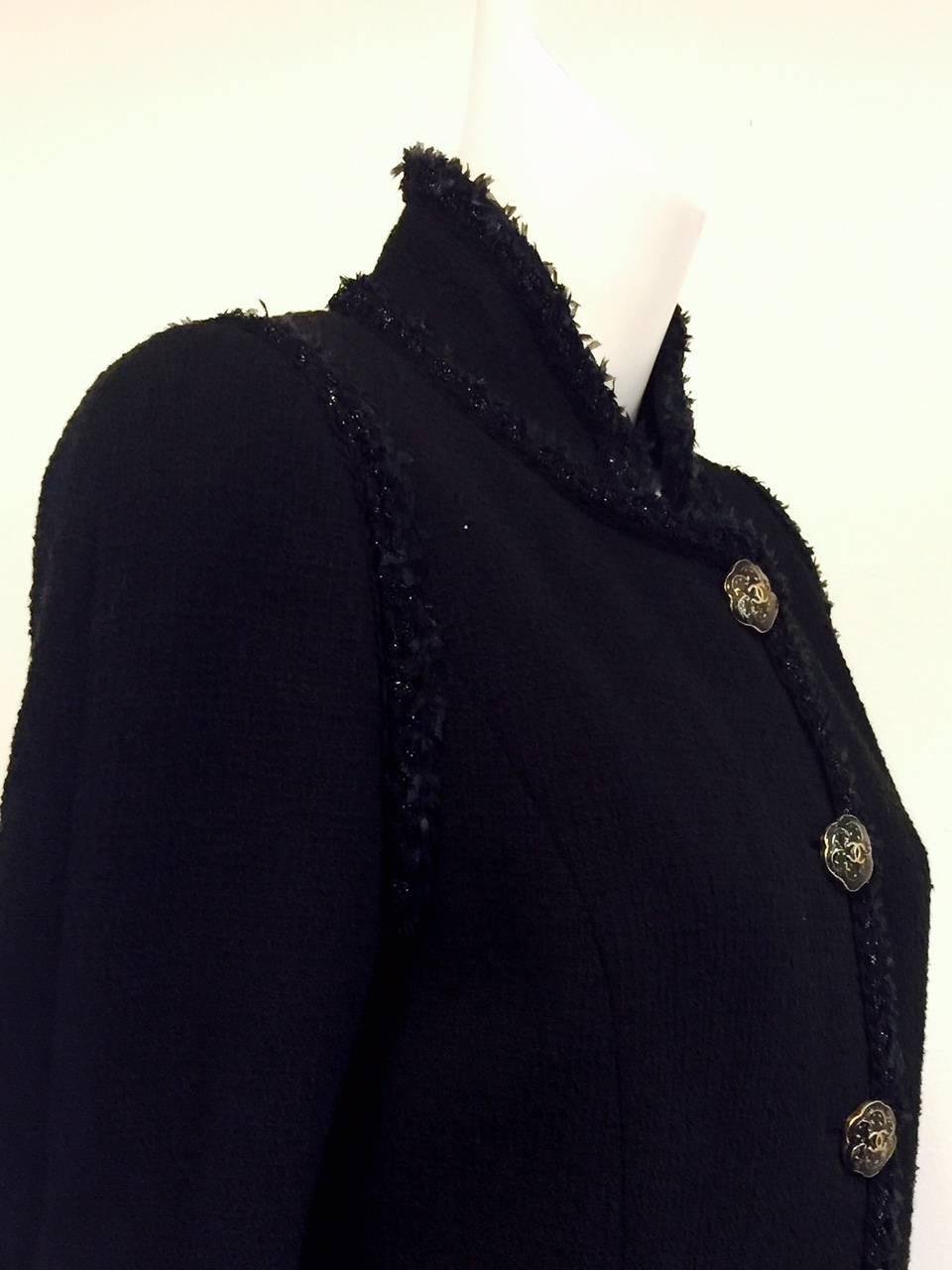 Women's Chanel Black 100% Cotton Tweed Coat Black Enamel Camellia Buttons Size 48
