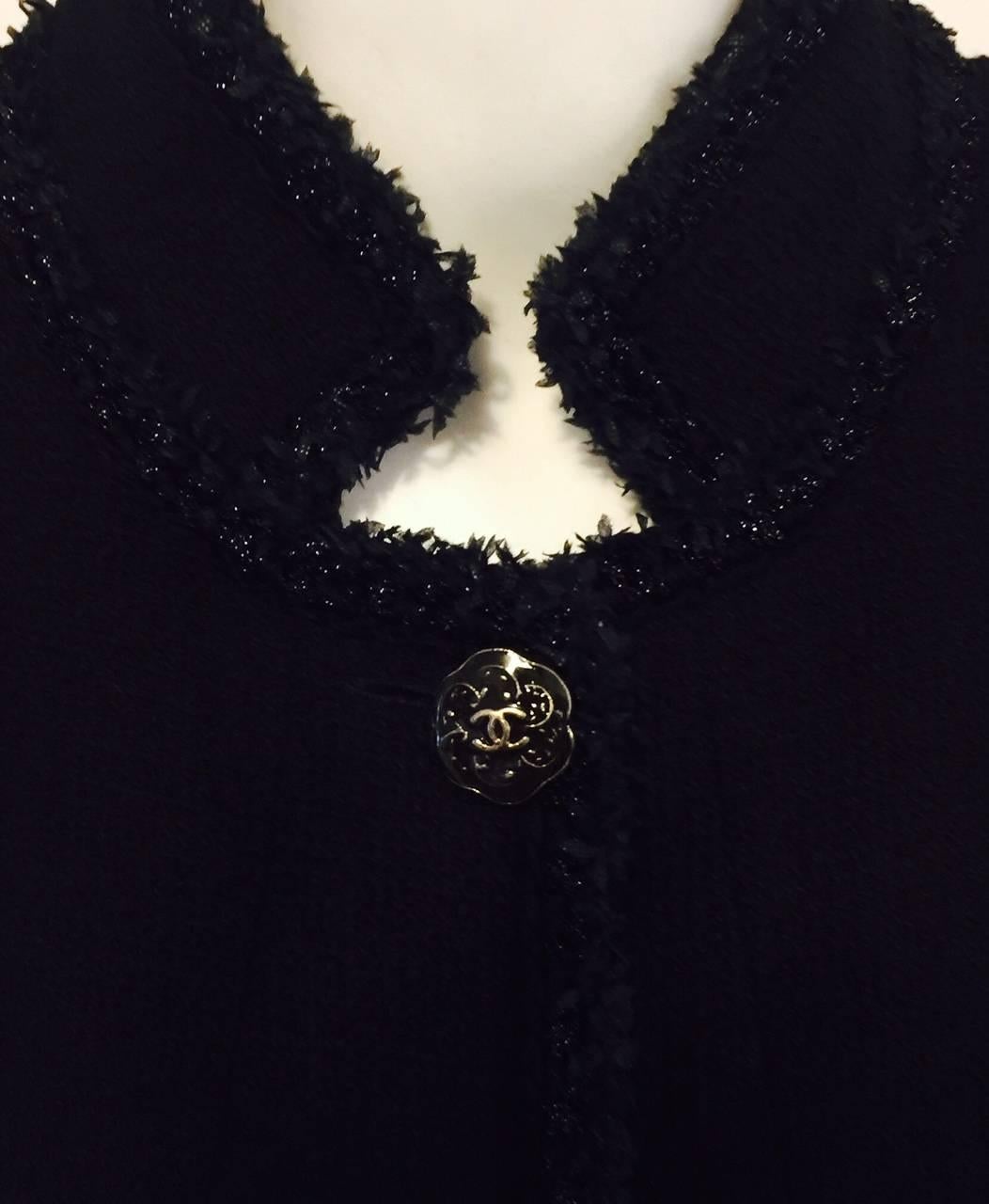 Chanel Black 100% Cotton Tweed Coat Black Enamel Camellia Buttons Size 48 1