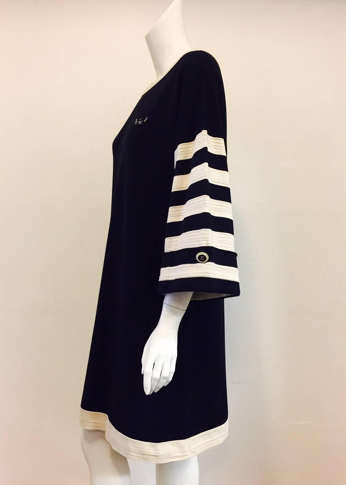 Black Chanel Navy and Ivory Striped Cotton Bateau Shift Dress With Gondola Pin  